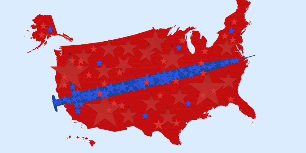 Illustration: Red stars form the shape of the United States of America and blue stars form a vaccine over it.