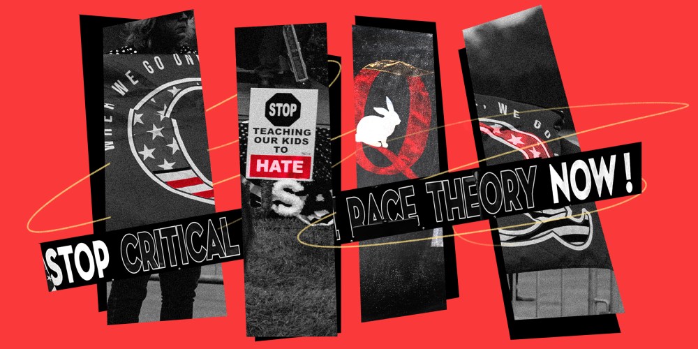 Photo collage: Images of QAnon supporters holding its flag and signs that read,"Stop Critical Race Theory Now!" and "Stop teaching our kids to hate".
