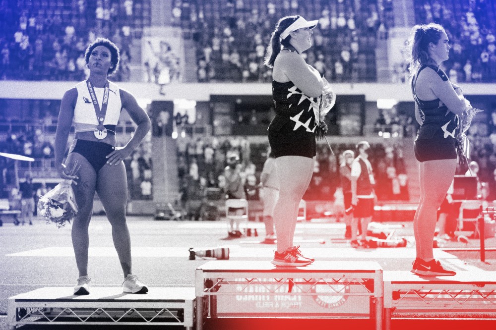 Image: Gwendolyn Berry, left, looks on during the playing of the National Anthem after the Women's Hammer Throw final at the U.S. Olympic Track and Field Team Trials in Eugene, Ore., on June 26, 2021.