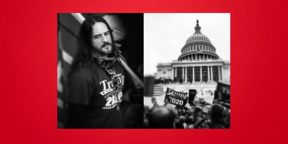 Illustration of Paul Allard Hodgkins and a photo of the riot at the Capitol on Jan. 6, 2021.