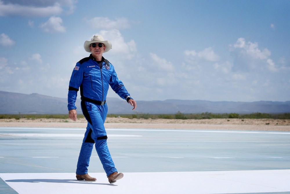Image: Jeff Bezos near the Blue Origin New Shepard in Van Horn, Texas, on July 20, 2021.
