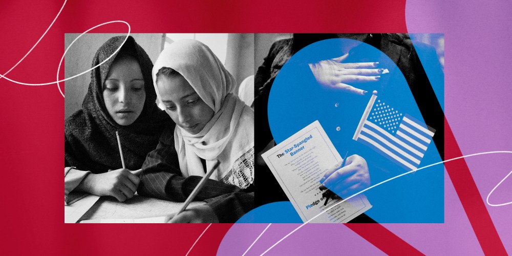Illustration of a photo of two young Afghan girls at school and of a woman saying the Pledge of Allegiance at a citizenship ceremony.