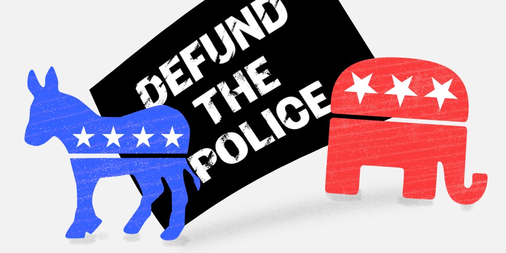 Illustration: The Democratic donkey and Republican party elephant face away from each other against a sign that reads,"Defund the police" in the background.