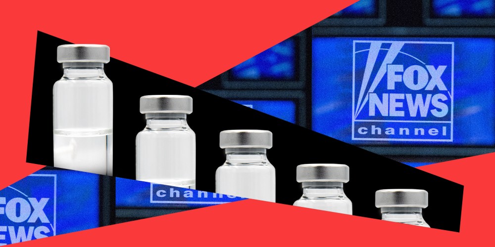 Photo illustration: A spotlight in the background shows screens that read,"Fox News" and a black strip in the foreground with vaccine vials becoming smaller.