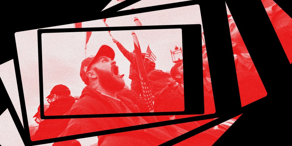 Photo illustration: Image of a man screaming at a rally inside a phone repeating and spiraling.