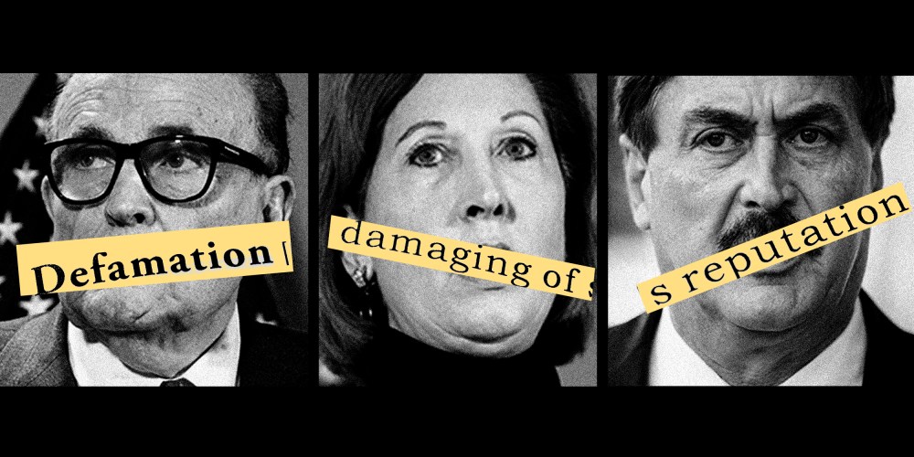 Photo illustration: Images of Rudy Giuliani, Sidney Powell and Mike Lindell with yellow strips over them that read,"Defamation", "damaging of" and "reputation".