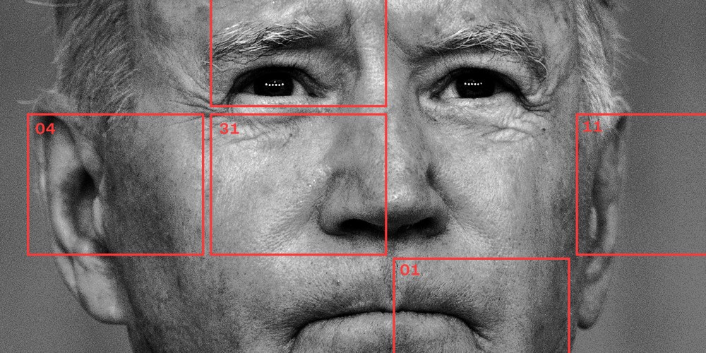 Photo illustration: Red squares with dates over a close up shot of Joe Biden. The dates read, "04,31,11,01".