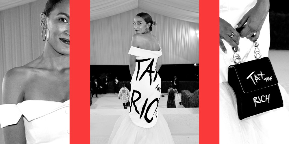 Photo collage: Images of Alexandria Ocasio-Cortez at the 2021 Met Gala. The back of her dress and the close-up of her purse read, "Tax the rich".