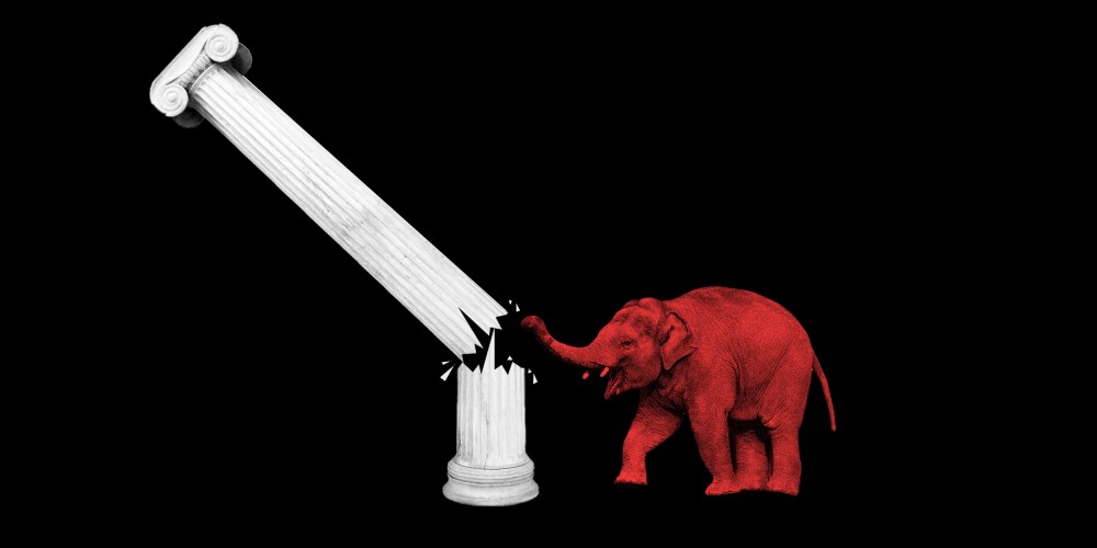 Photo illustration: A red elephant breaking down a white pillar that is more than half its size.