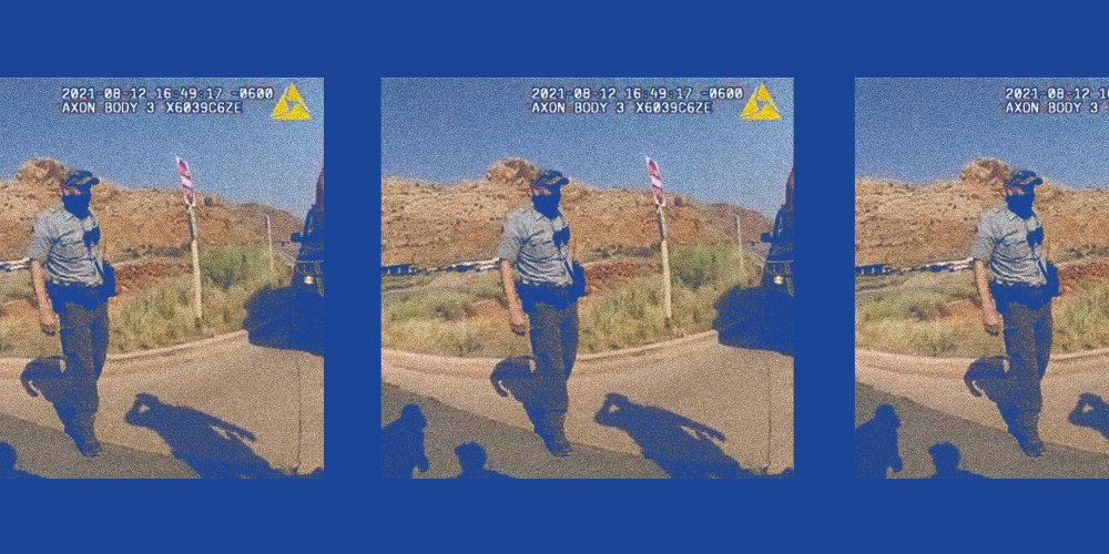 Photo illustration: A still of a police officer pulling over a van from a police camera video recording repeated thrice.