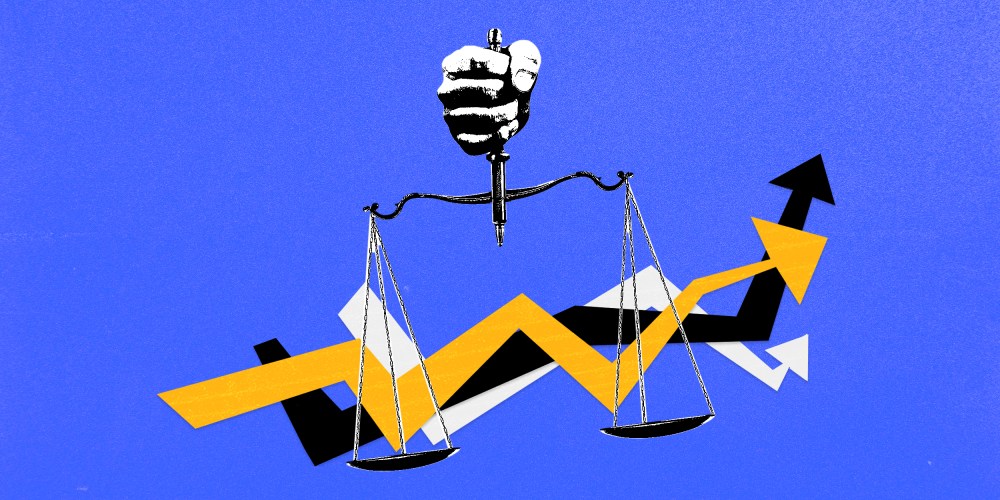 Photo illustration: A hand holding a a scale of justice which holds three arrows moving upwards.