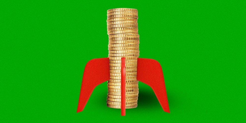 Illustration of a stack of gold coins with rocket wings.