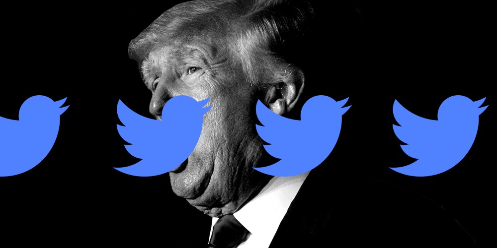 Photo illustration: Twitter logo repeated over an image of Donald Trump speaking.