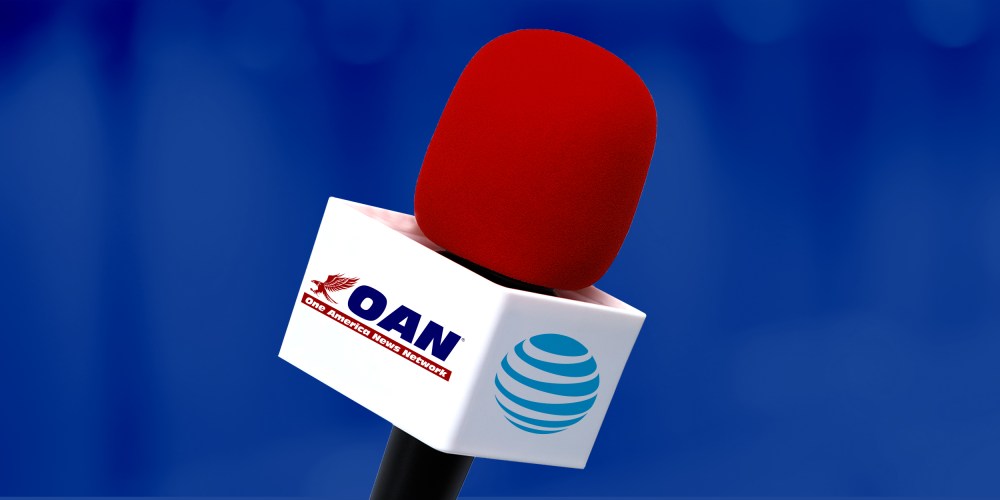 Photo illustration: A TV microphone has the One America News Network logo on one side and the AT&T logo on the other.