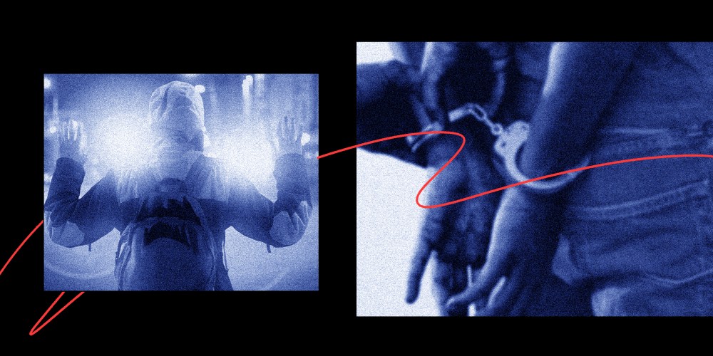 Photo illsutration: Image of a child in a hoodie with their hands up and a teenager's hands being handcuffed.