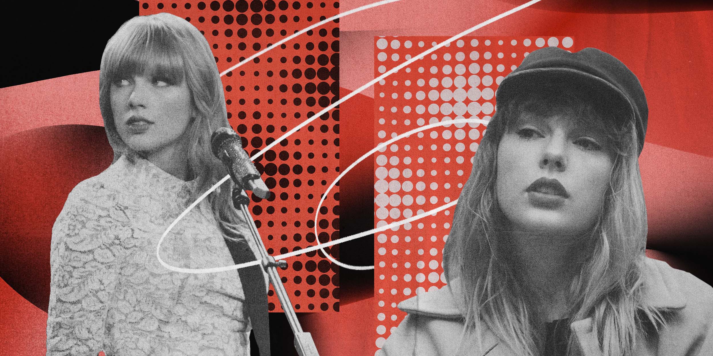 Illustration of Taylor Swift during her RED Tour in 2013 and Taylor Swift in 2021.