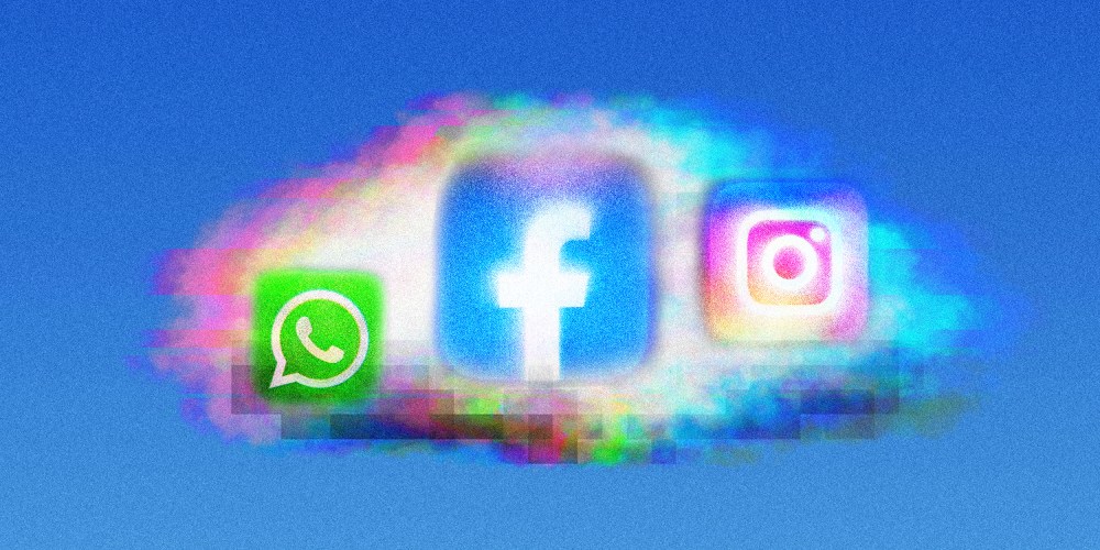 Photo illustration: Logos of Whatsapp, Facebook and Instagram on a cloud that's glitching.