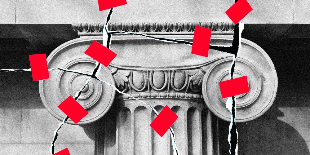 Photo illustration: Torn up paper showing a close-up of an ionic column taped together with red colored tape.