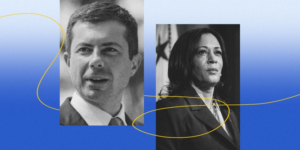 Illustration of Pete Buttigieg and Vice President Kamala Harris.