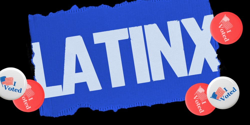 Photo illustration: A blue cardboard piece with the text,"Latinx" with a few badges lying around that read,"I Voted".