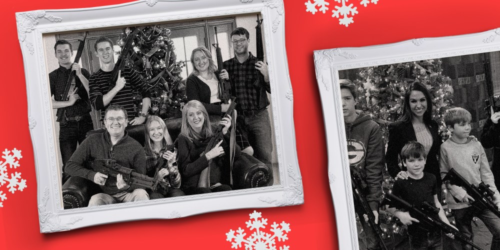 Image: Two picture frames with portraits of two families holding guns in front of their Christmas trees.