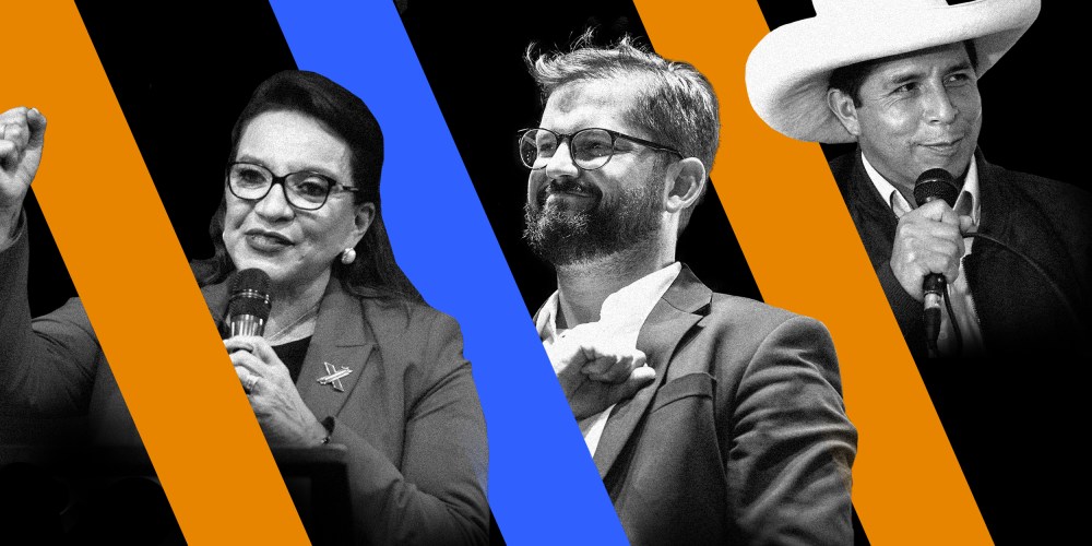 Photo Illustration: Xiomara Castro, Gabriel Boric, and Pedro Castillo.