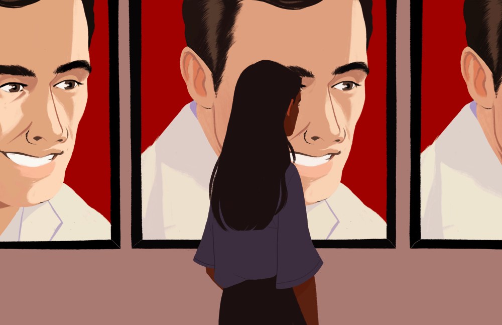 Illustration of a Latina woman with dark skin looking at movie posters of John Leguizamo, who has lighter skin.