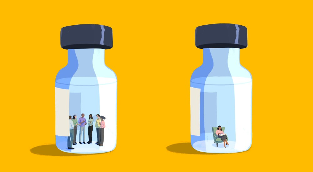 Image of two vaccine bottles, one with a group of people socializing inside and one with a person sitting in an armchair reading a book.