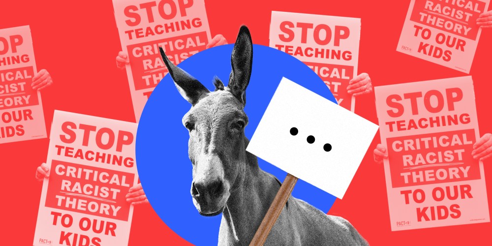 Photo illustration: A donkey holding a blank sign with three dots on it against a red background with multiple signs that read,"Stop teaching Critical Racist Theory to our kids".