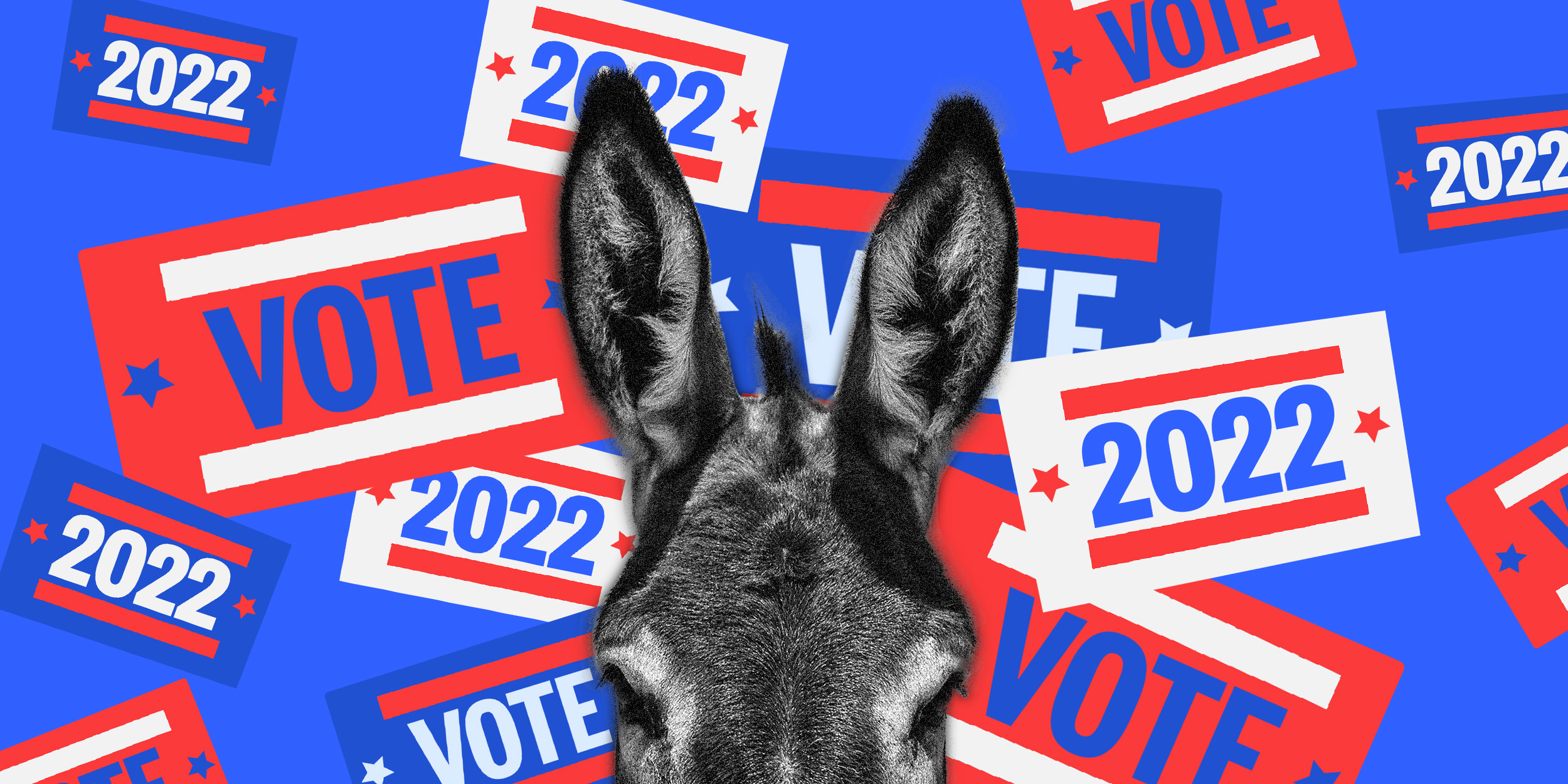 Photo illustration: Top half of a donkey's head shown against flying stickers in red, blue and white colors that read,"Vote" and "2022".