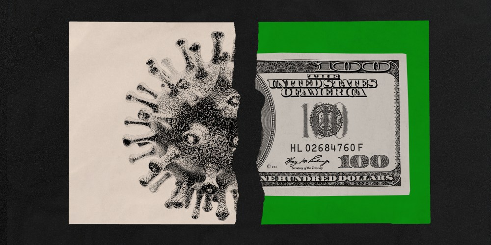 Photo illustration of two torn pieces of paper showing a Covid-19 spore and a $100 dollar bill.