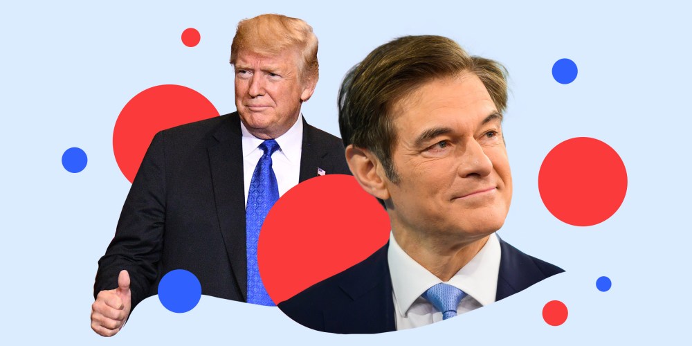 Photo illustration: Image of Donald Trump giving a thumbs up next to an image of Dr. Mehmet Oz.