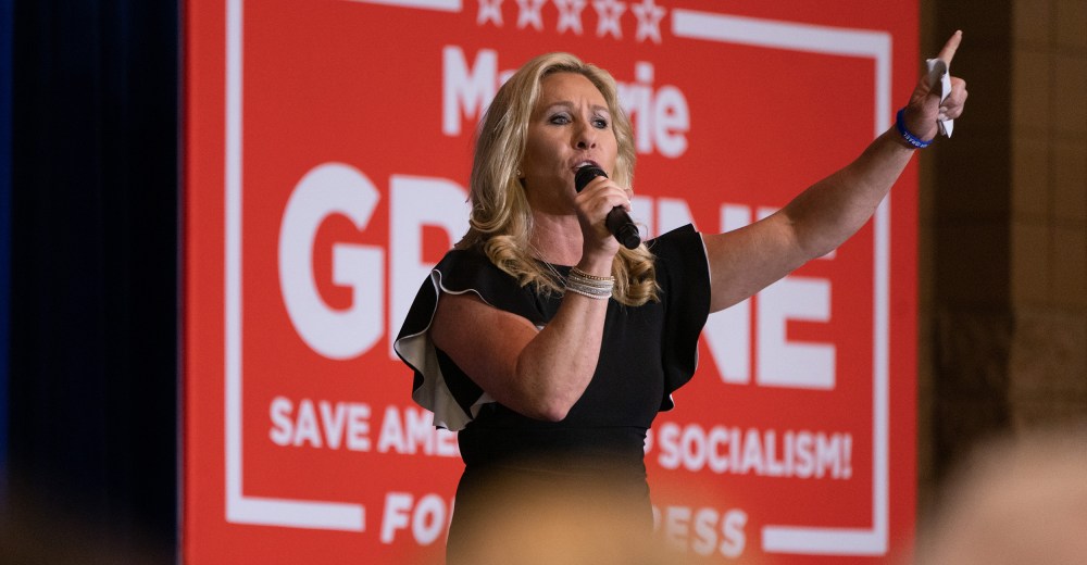 Image: Marjorie Taylor Greene speaks during an America First rally in Dalton, Georgia.