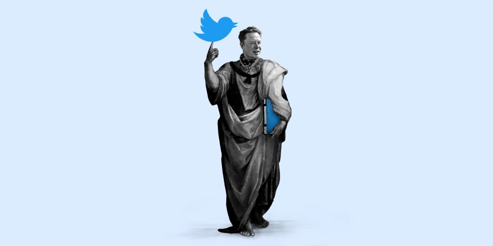 Photo illustration: Elon Musk wearing robes, holding up the Twitter logo with the hand and a blue book in his right hand.