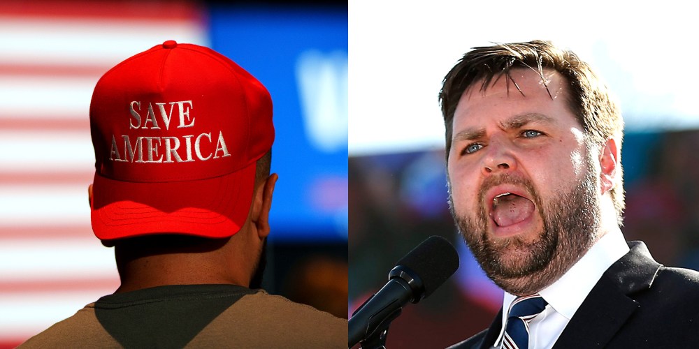 Photo diptych with images of a person wearing a red cap that reads,"Save America" and of J.D. Vance speaking at a rally.