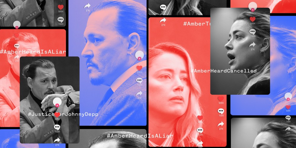 Photo illustration: Screens showing images of Johnny Depp and Amber Heard with buttons to like, share and comments. Text floating over the screens read,"AmberHeardIsALiar", "JusticeForJohnnyDepp" and"AmberHeardIsCancelled".