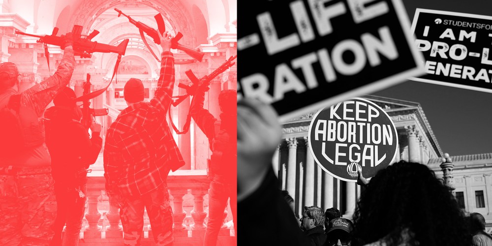 Photo illustration: An image with a red overlay shows gun advocates holding up rifles inside a building and the other one in black and white shows protests outside the Supreme Court. One of the visible signs read,"Keep abortion legal".