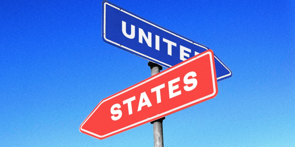 Photo illustration: Two signs, one blue with the text,"United" and one red with the text,"States", pointing in different directions.