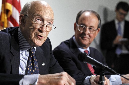 File photo: President Barack Obama's Debt Commission co-chairmen, Erskine Bowles right, and former Wyoming Sen. Alan Simpson, take part in a news conference on Capitol Hill in Washington Tuesday, Nov. 30, 2010. (AP Photo/Alex Brandon)