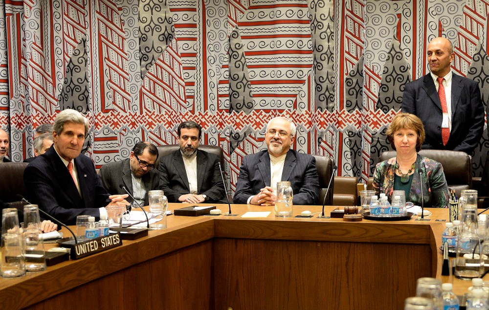 U.S. Secretary of State John Kerry (L), Foreign Minister of Iran Mohammad Javad Zarif (C) and EU High Representative for Foreign Affairs and Security Policy Catherine Ashton (R) during a meeting at the United Nations headquarters in New York City, Septemb