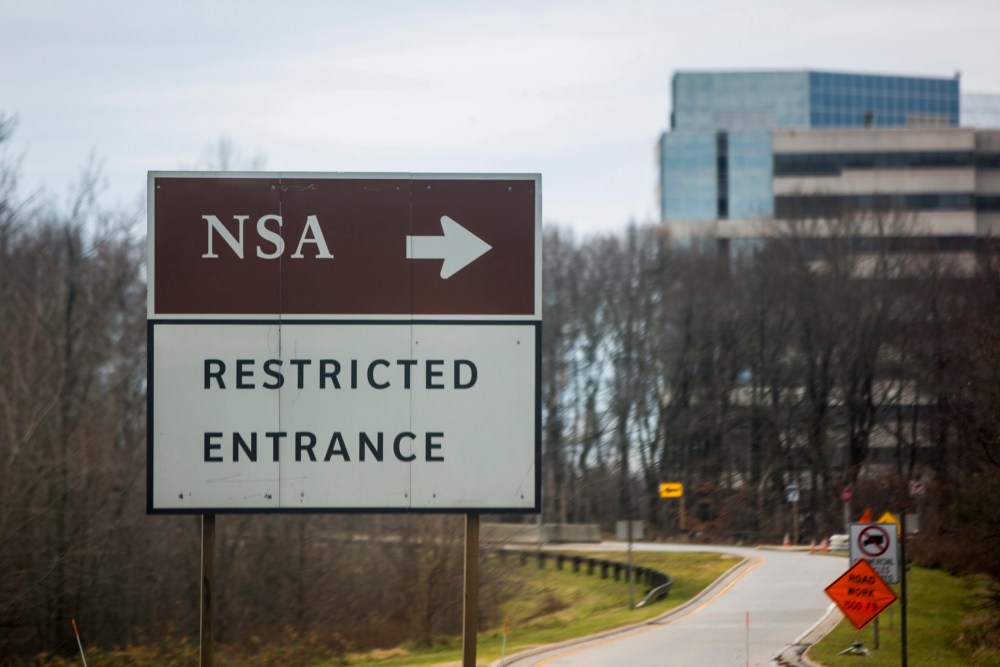 A road sign for the headquarters of the National Security Administration (NSA) is seen in Fort Meade, Maryland, December 22, 2013.