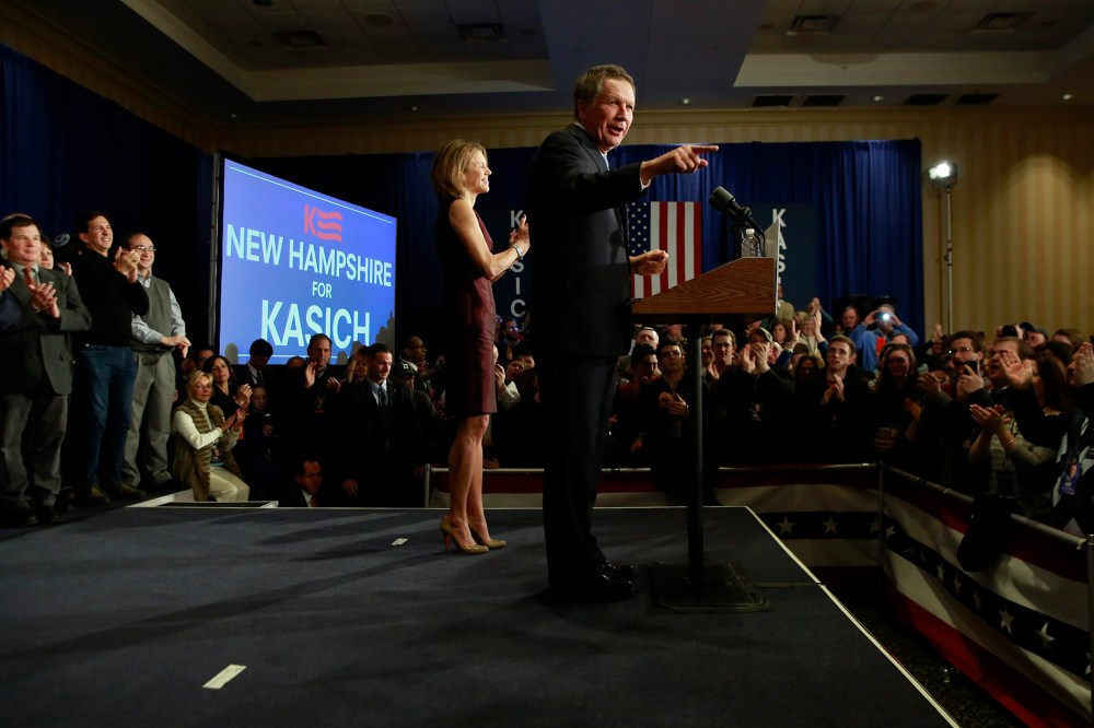 Republican presidential candidate and Ohio Governor John Kasich, who came in second placed in the Republican's presidential primary polls in New Hampshire, speaks to supporters in Concord, N.H., on Feb. 9, 2016. (Photo by Katherine Taylor/EPA)