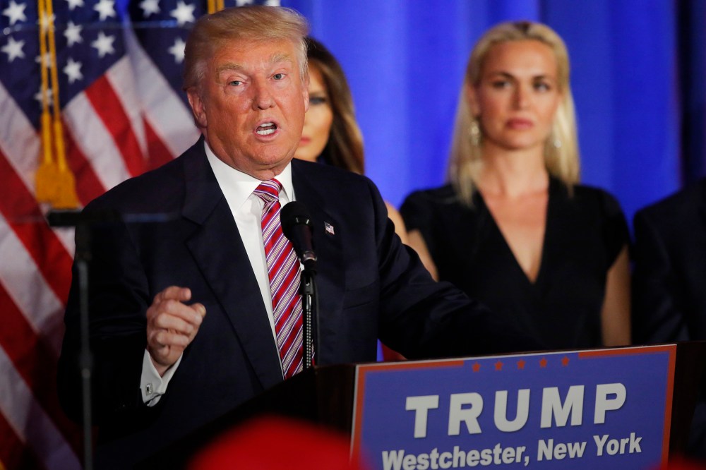 Presumptive Republican presidential nominee Donald Trump reads a teleprompter as he addresses his supporters at the Trump National Golf Club Westchester in Briarcliff Manor, June 7, 2016. (Photo by Andrew Kelly/EPA)