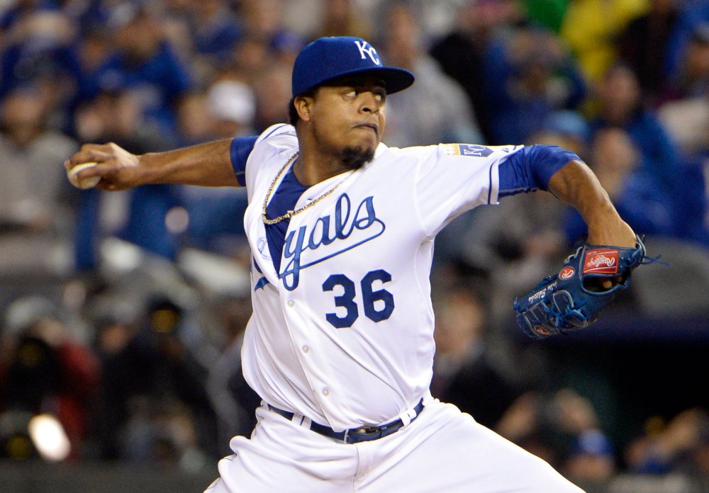 Kansas City Royals starting pitcher Edinson Volquez throws a pitch against the New York Mets in the first inning in game one of the 2015 World Series at Kauffman Stadium, Oct. 27, 2015 in Kansas City, Mo. (Photo by John Rieger/USA TODAY Sports/Reuters)