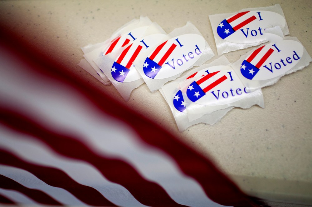 "I Voted" stickers are shown on a polling place table on Nov. 2, 2010.