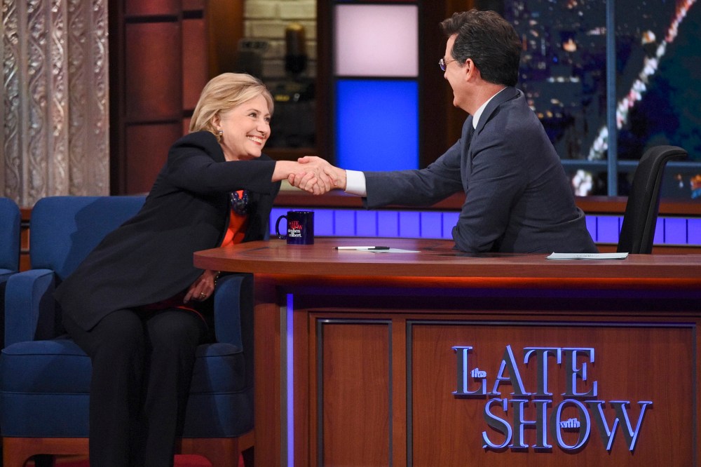 Presidential Candidate Hillary Clinton chats with Stephen on The Late Show with Stephen Colbert, Oct. 27, 2015. (Photo by Jeffrey R. Staab/CBS)
