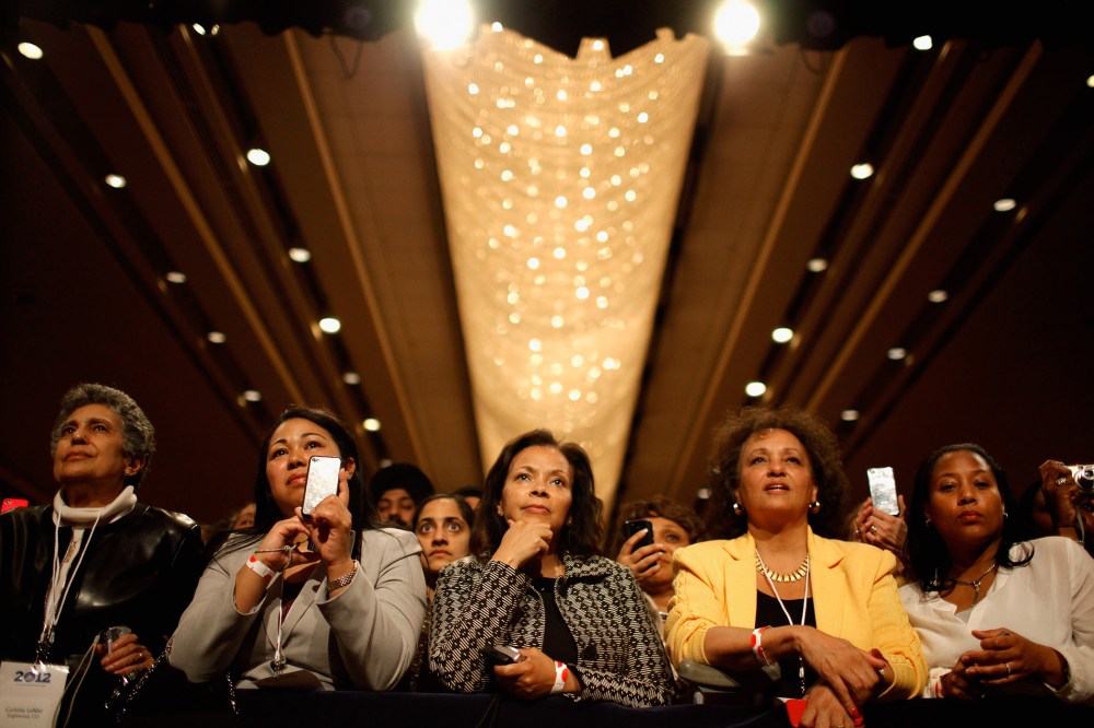 Supporters listen to U.S. President Barack Obama as he addresses the Women's Leadership Forum at the Grand Hyatt Hotel May 19, 2011 in Washington, DC.