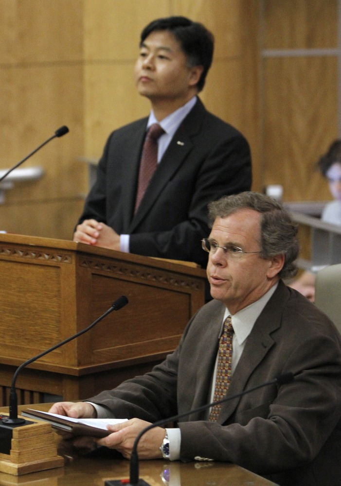 Attorney Peter Drake, executive director of the Coming Out Into Light Foundation, speaks about his negative experiences with conversion therapy, while testifying in favor of a bill to ban the therapy during a hearing in Sacramento, Calif. The bill,...