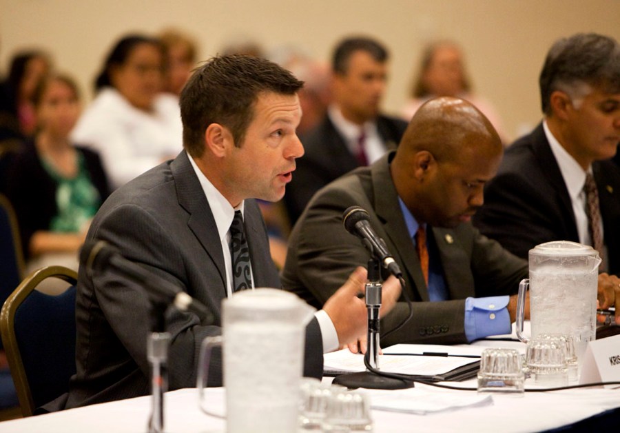 Secretary of State Kris Kobach of Kansas addresses the commission during a briefing on civil rights effects of state immigration laws held by the U.S. Commission on Civil Rights in Birmingham, Alabama on August 17, 2012.