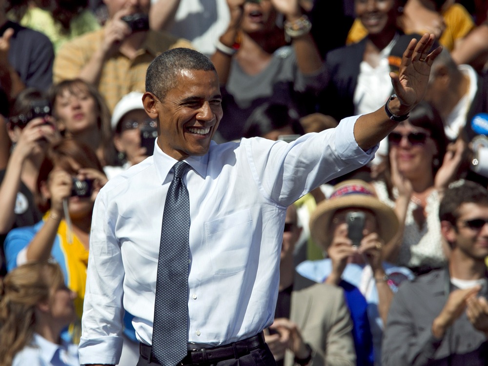 President Barack Obama waves after speaking at a campaign rally in Golden, Colo., Thursday, Sept. 13, 2012.